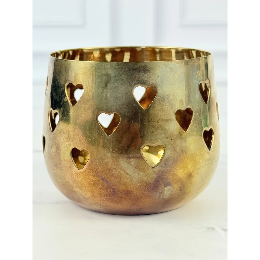 VTG Hosley Solid Brass Heart Cutout Votive Candle Holder Tea Light 2 1/2